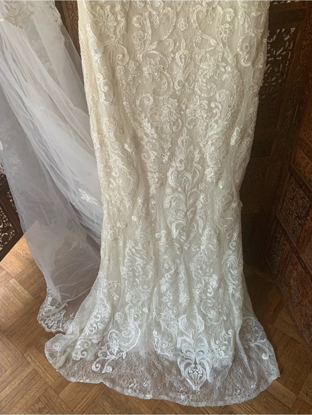 Galina Signature Ivory Lace V-Neck Wedding Gown SWG 772 - Picture 3 of 11